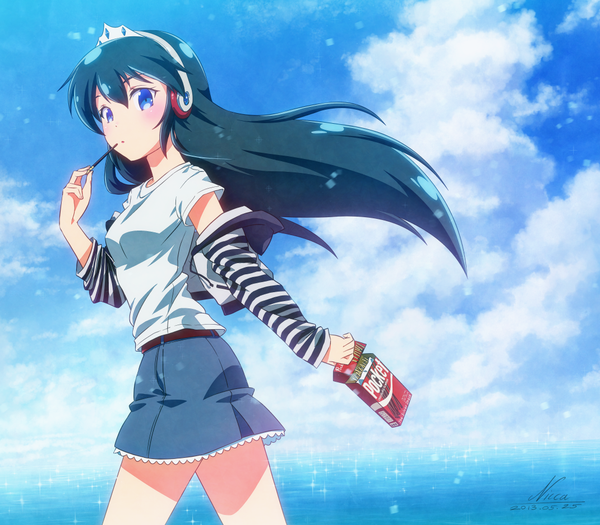 Anime picture 1070x938 with original silveria nicca (kid nicca) single long hair looking at viewer blush fringe blue eyes holding blue hair sky cloud (clouds) horizon walking girl skirt jacket belt sweets