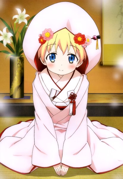 Anime picture 4091x5925 with kin-iro mosaic nyantype alice carteret single tall image looking at viewer blush highres short hair blue eyes blonde hair absurdres traditional clothes japanese clothes official art girl hair ornament flower (flowers) kimono uchikake