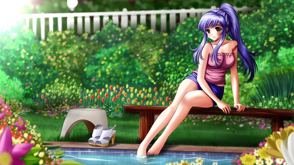 Anime picture 1366x768 with ilolamai single red eyes wide image purple hair ponytail barefoot girl flower (flowers)