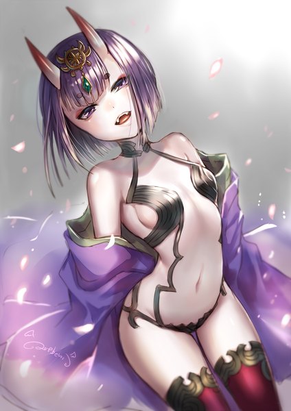 Anime picture 706x1000 with fate (series) fate/grand order shuten douji (fate) ao+beni single tall image looking at viewer fringe short hair open mouth light erotic purple eyes signed purple hair horn (horns) from above off shoulder grey background open clothes eyebrows