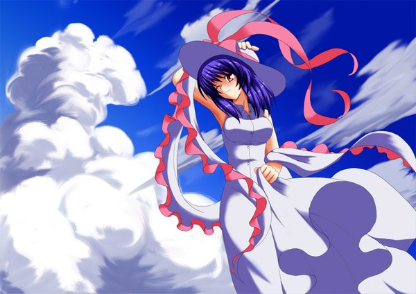 Anime picture 1600x1133 with touhou nagae iku iwanori (artist) single short hair red eyes purple hair cloud (clouds) girl dress hat