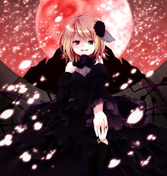 Anime picture 2850x3000 with vocaloid kagamine rin hinata (kuro usa) single tall image highres short hair open mouth blonde hair red eyes bare shoulders red moon girl thighhighs dress black thighhighs detached sleeves petals bowtie black dress