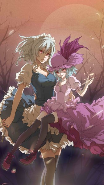 Anime picture 2898x5152 with touhou remilia scarlet izayoi sakuya igneous25 tall image looking at viewer highres short hair open mouth smile red eyes multiple girls blue hair white hair maid sitting on person crossed legs (standing) girl thighhighs dress