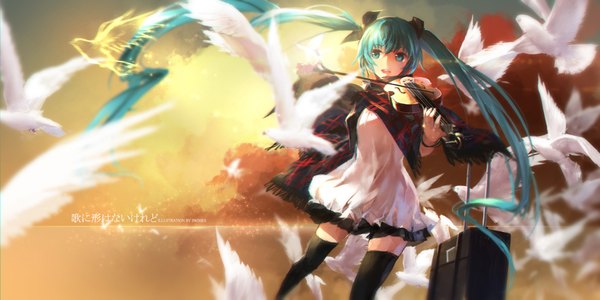 Anime picture 2126x1063 with vocaloid hatsune miku swd3e2 single highres open mouth blue eyes wide image twintails very long hair aqua hair playing instrument girl dress bow hair bow animal bird (birds) musical instrument suitcase