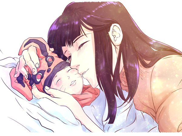 Anime picture 2000x1500 with naruto studio pierrot naruto (series) hyuuga hinata uzumaki boruto chika madoka long hair highres purple hair lying eyes closed parted lips hug happy face to face hand on another's head mother and son girl cap child (children)