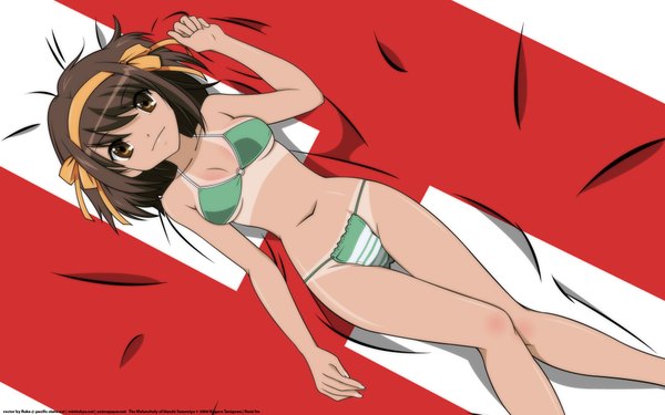 Anime picture 1920x1200 with suzumiya haruhi no yuutsu kyoto animation suzumiya haruhi fluke single looking at viewer highres short hair breasts light erotic brown hair wide image brown eyes signed lying from above on back wallpaper vector tan