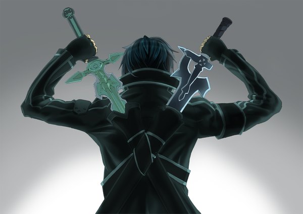 Anime picture 1754x1240 with sword art online a-1 pictures kirigaya kazuto single highres short hair black hair from behind grey background boy weapon sword fingerless gloves