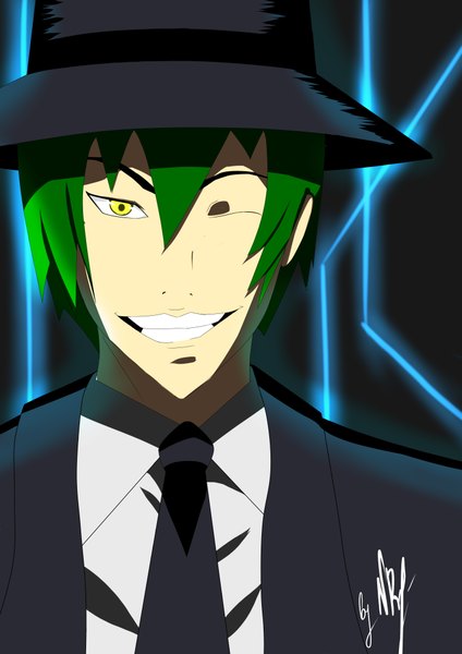 Anime picture 2893x4092 with blazblue hazama tagme (artist) tall image highres short hair smile yellow eyes one eye closed green hair wink boy hat necktie suit
