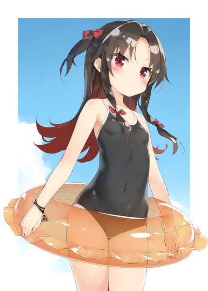 Anime picture 715x1000 with ryuuou no oshigoto! yashajin ai kani biimu single long hair tall image blush light erotic black hair red eyes holding sky cloud (clouds) red hair multicolored hair two-tone hair one side up covered navel colored inner hair lolicon