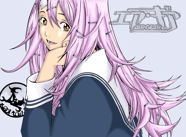 Anime picture 1895x1400 with air gear toei animation sumeragi kururu long hair highres yellow eyes pink hair arm support girl hair ornament hairpin (hairpins)