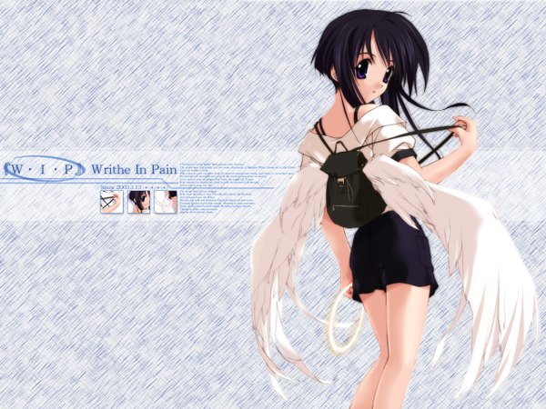 Anime picture 1280x960 with sasaki mutsumi single long hair looking at viewer blue eyes black hair angel wings third-party edit girl wings bag feather (feathers) backpack
