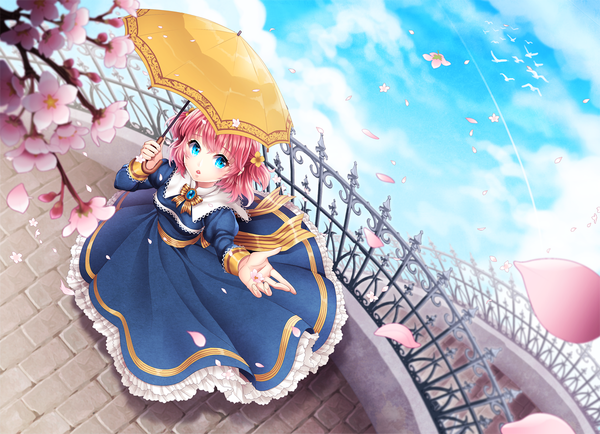 Anime picture 1200x869 with original saban single looking at viewer short hair blue eyes pink hair two side up cherry blossoms girl dress petals umbrella