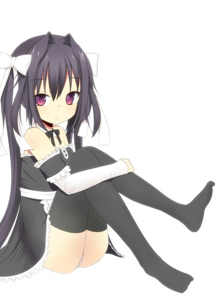 Anime picture 1500x2121 with original morinaoekaki single long hair tall image light erotic black hair simple background red eyes white background twintails pantyshot sitting girl thighhighs dress bow black thighhighs hair bow detached sleeves frills