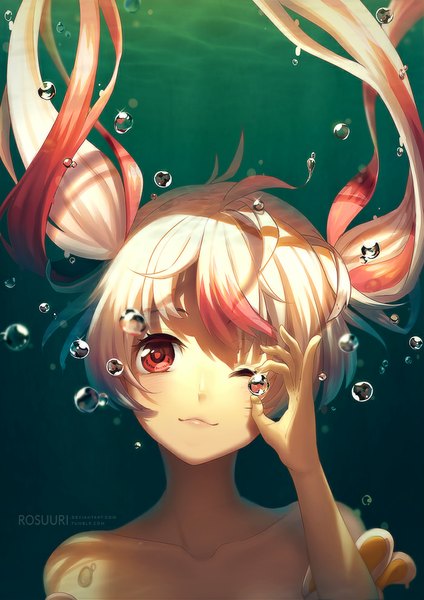 Anime picture 700x990 with original rosuuri single long hair tall image smile red eyes twintails bare shoulders white hair red hair one eye closed multicolored hair wink two-tone hair streaked hair underwater :3 girl bubble (bubbles)
