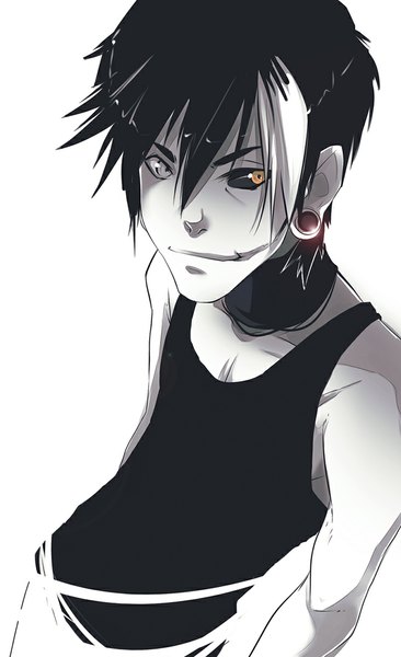 Anime picture 672x1100 with original creepysheepstudio single tall image looking at viewer short hair black hair simple background white background bare shoulders yellow eyes white hair multicolored hair light smile two-tone hair grey eyes heterochromia multicolored eyes boy tank top