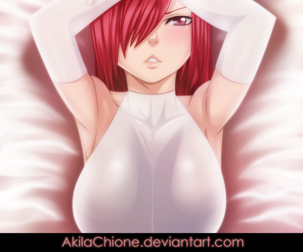 Anime picture 1500x1250 with fairy tail erza scarlet akilachione single long hair blush fringe light erotic bare shoulders pink hair lying pink eyes hair over one eye armpit (armpits) coloring girl dress gloves elbow gloves white dress