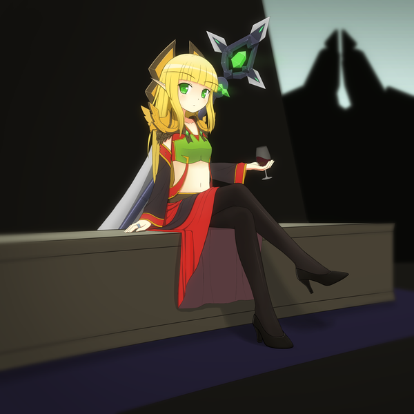 Anime picture 5000x5000 with world of warcraft blizzard entertainment blood elf reimuchan (pixiv id50255) single long hair looking at viewer blush highres blonde hair green eyes absurdres priest girl skirt navel weapon pantyhose shoes cloak