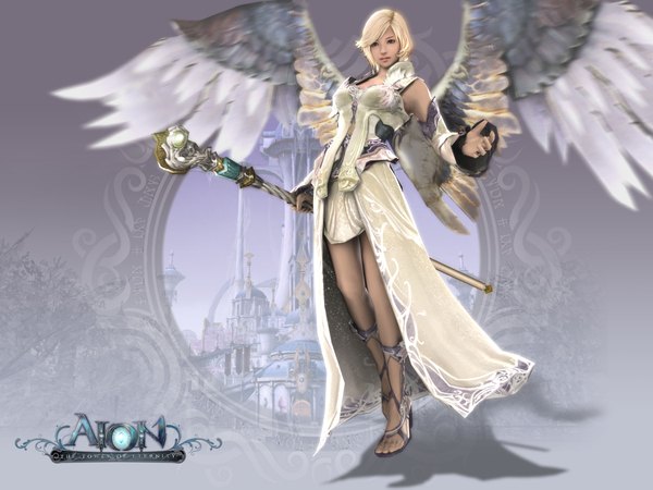Anime picture 4200x3150 with aion single highres short hair blonde hair absurdres official art high heels soles angel wings 3d wings shoes toes staff robe