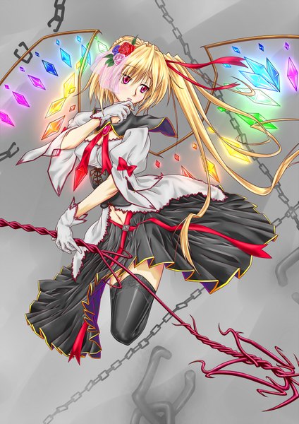Anime picture 1413x2000 with touhou flandre scarlet dekoorashiru single tall image short hair blonde hair pink eyes hair flower one side up finger to mouth girl thighhighs dress skirt gloves hair ornament weapon black thighhighs wings