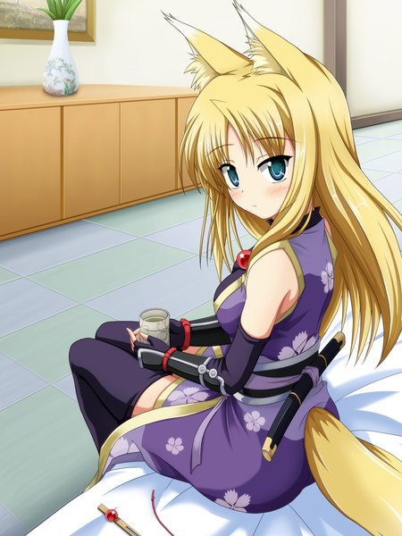 Anime picture 1668x2224 with dog days yukikaze panettone shira-nyoro single long hair tall image blush blue eyes blonde hair animal ears animal tail looking back girl thighhighs gloves black thighhighs detached sleeves elbow gloves fingerless gloves