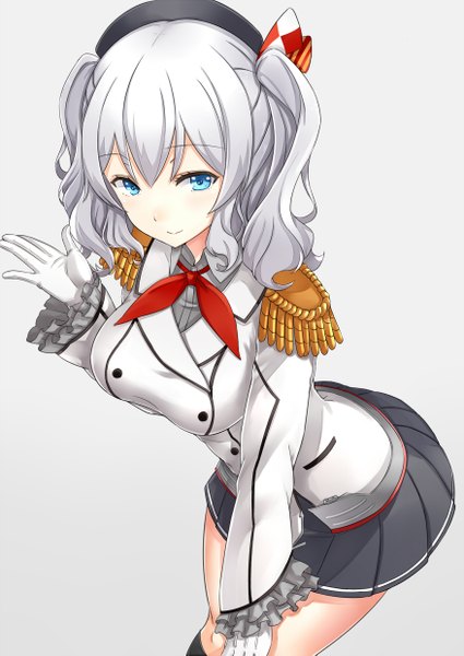 Anime picture 877x1239 with kantai collection kashima training cruiser asya single long hair tall image blue eyes twintails white hair gradient background girl skirt gloves uniform miniskirt white gloves beret military uniform epaulettes