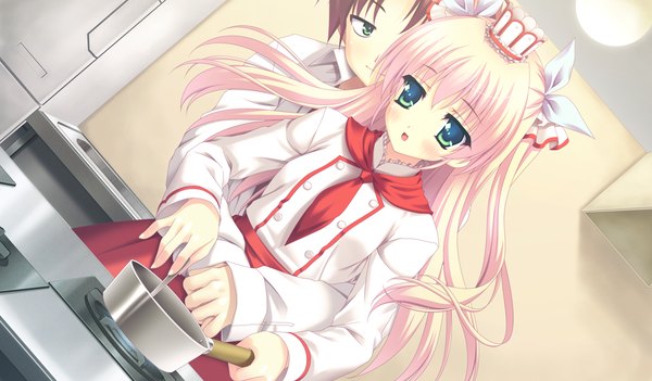 Anime picture 1024x600 with houkago kitchen long hair blush open mouth blonde hair wide image green eyes game cg couple cooking girl boy hat