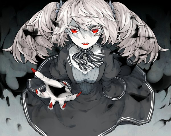 Anime picture 1000x800 with original pixiv fantasia pixiv fantasia fallen kings 01access single long hair looking at viewer fringe breasts open mouth red eyes standing twintails pink hair nail polish fingernails from above looking up animal eyes grey skin