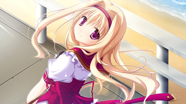 Anime picture 1024x576 with fortuna rhapsody long hair blonde hair wide image game cg pink eyes looking back girl uniform school uniform hairband