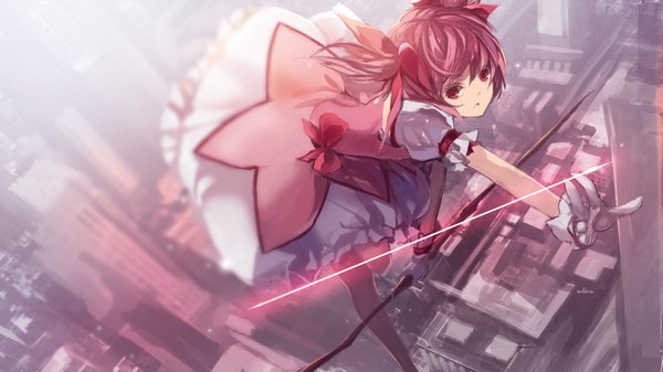 Anime picture 1889x1062 with mahou shoujo madoka magica shaft (studio) kaname madoka swd3e2 single looking at viewer highres short hair red eyes wide image twintails pink hair city short twintails cityscape magical girl midair girl thighhighs dress