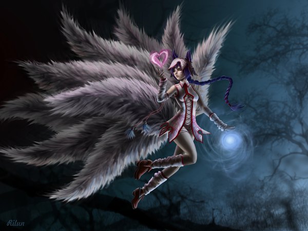 Anime picture 2880x2160 with league of legends ahri (league of legends) rilun (artist) single long hair highres red eyes bare shoulders animal ears purple hair tail braid (braids) night magic facial mark demon girl multiple tails whisker markings girl magic circle