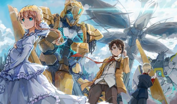 Anime picture 2952x1748 with aldnoah.zero a-1 pictures slaine troyard asseylum vers allusia kaizuka inaho d.b.spark long hair looking at viewer highres short hair blonde hair brown hair wide image standing looking away sky cloud (clouds) long sleeves wind sunlight