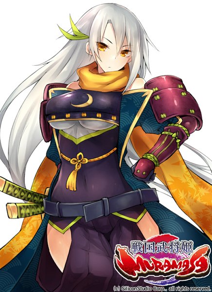 Anime picture 800x1100 with sengoku bushouki muramasa inayama single long hair tall image looking at viewer simple background white background yellow eyes white hair traditional clothes girl weapon sword scarf armor katana