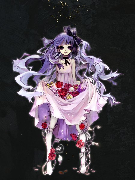 Anime picture 1181x1575 with shiki sunako kirishiki mooche (artist) single long hair tall image purple eyes purple hair barefoot black background hollow eyes girl dress flower (flowers) bow hair bow rose (roses)