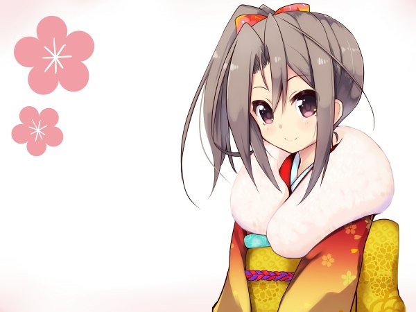 Anime picture 1200x900 with kantai collection zuihou light aircraft carrier amano kouki single long hair looking at viewer blush simple background smile purple eyes purple hair ponytail traditional clothes japanese clothes side ponytail girl bow hair bow kimono fur-trimmed kimono