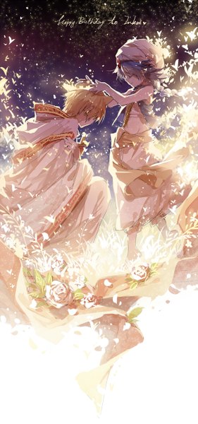 Anime picture 600x1277 with magi the labyrinth of magic a-1 pictures aladdin (magi) ali baba saluja rella tall image short hair blonde hair standing holding braid (braids) eyes closed traditional clothes barefoot light smile aqua hair kneeling groin single braid glowing