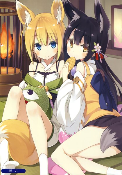 Anime picture 2311x3300 with original pocolla (artist) long hair tall image looking at viewer blush highres blue eyes black hair blonde hair multiple girls animal ears yellow eyes tail animal tail scan fox ears fox tail fox girl girl