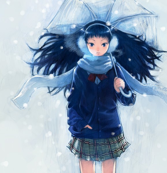 Anime picture 966x1000 with original boyaking(sbf) single long hair tall image looking at viewer black hair simple background wind black eyes grey background snowing winter hand in pocket frown girl uniform school uniform scarf umbrella