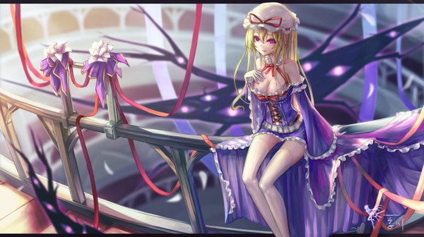 Anime picture 1350x758 with touhou yakumo yukari wangchuan de quanyan single long hair looking at viewer breasts light erotic blonde hair smile wide image sitting purple eyes letterboxed girl thighhighs dress ribbon (ribbons) hat white thighhighs