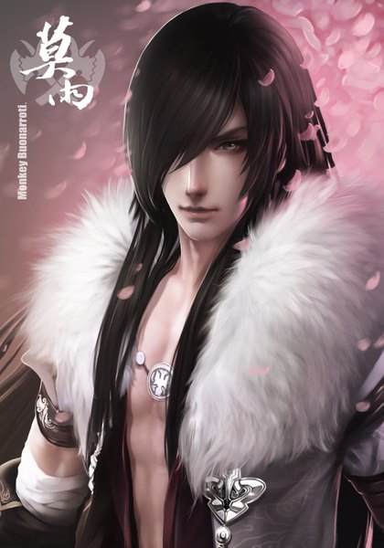 Anime picture 1530x2184 with jianxia qingyuan 3 monkey (weibo) single long hair tall image fringe black hair signed hair over one eye grey eyes hieroglyph boy petals pendant fur bandage (bandages)