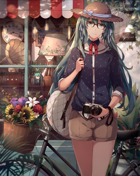 Anime picture 1240x1557 with vocaloid hatsune miku kiyo (chaoschyan) single tall image looking at viewer fringe hair between eyes standing twintails holding very long hair aqua eyes light smile sunlight aqua hair floral print minigirl girl flower (flowers)