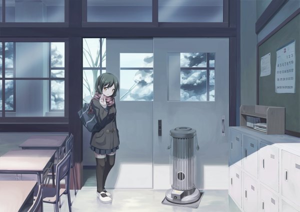 Anime picture 1403x992 with original shinomome haru (artist) single long hair black hair yellow eyes winter classroom girl thighhighs skirt uniform black thighhighs school uniform miniskirt window scarf school bag desk winter clothes