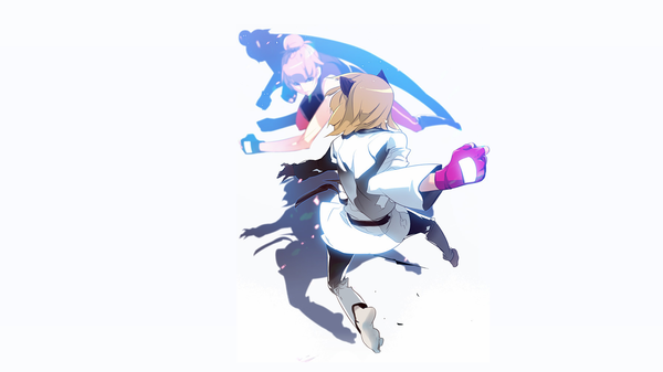Anime picture 1920x1080 with girl of the wild's choi dal dal lee mun-yong highres short hair simple background blonde hair wide image white background multiple girls animal ears shadow hair bun (hair buns) battle girl gloves 2 girls belt fist
