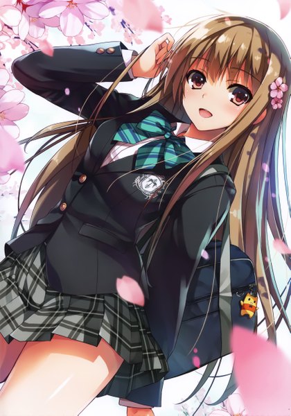 Anime picture 3498x5000 with original tomose shunsaku single long hair tall image looking at viewer blush highres open mouth red eyes brown hair absurdres scan girl skirt uniform flower (flowers) school uniform miniskirt petals