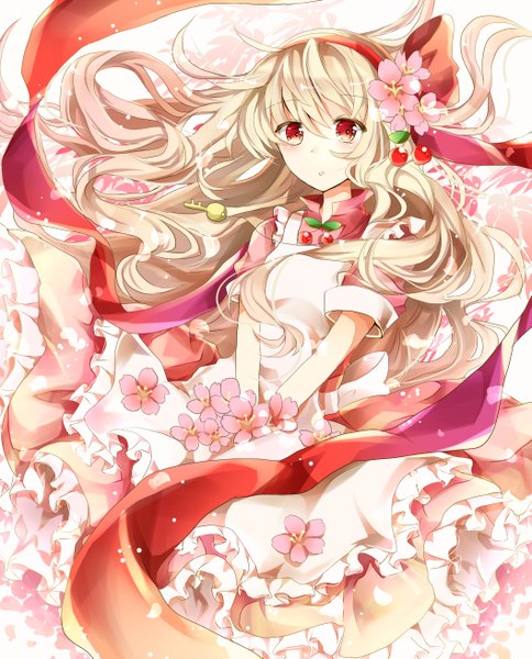 Anime picture 2115x2622 with kagerou project shaft (studio) mary (kagerou project) azumamutuki single long hair tall image looking at viewer blush highres open mouth blonde hair red eyes hair flower girl dress hair ornament flower (flowers) bow ribbon (ribbons)