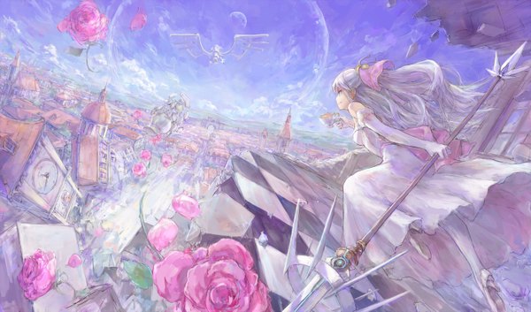 Anime picture 1400x825 with original pixiv fantasia pixiv fantasia v toritoritottori long hair wide image bare shoulders sky cloud (clouds) grey hair city cityscape flying checkered floor destruction girl dress gloves weapon petals