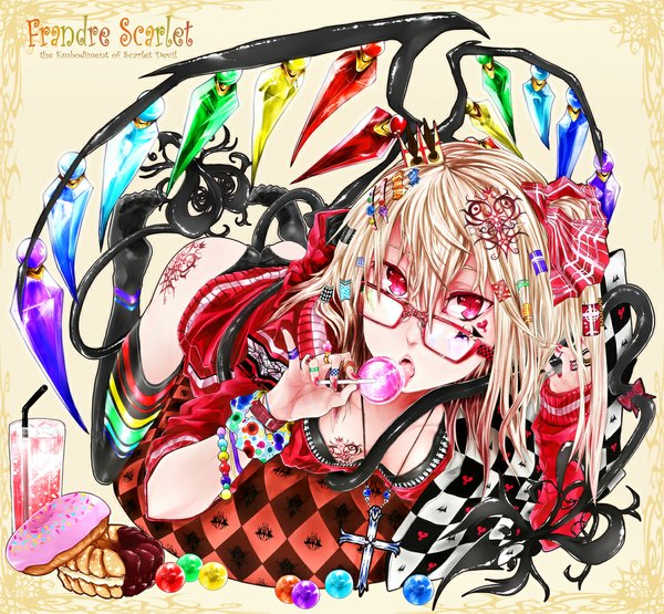Anime picture 1185x1098 with touhou flandre scarlet angelegna long hair open mouth blonde hair red eyes tattoo legs girl thighhighs weapon black thighhighs wings glasses food jacket bracelet ring cross