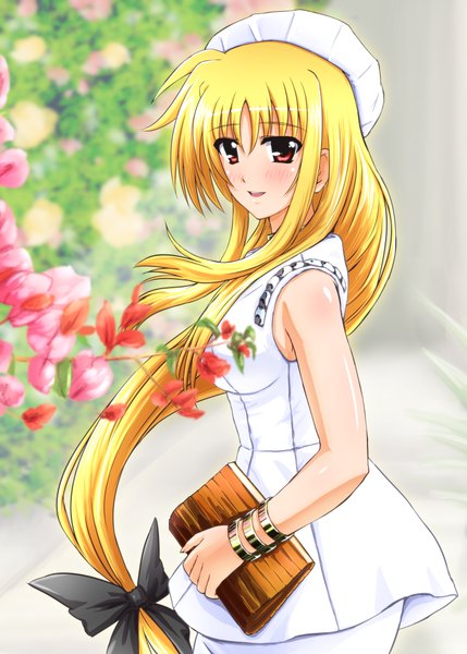 Anime picture 755x1056 with mahou shoujo lyrical nanoha mahou shoujo lyrical nanoha strikers fate testarossa diesel-turbo single long hair tall image looking at viewer blush open mouth blonde hair red eyes girl dress flower (flowers) bow hair bow bracelet