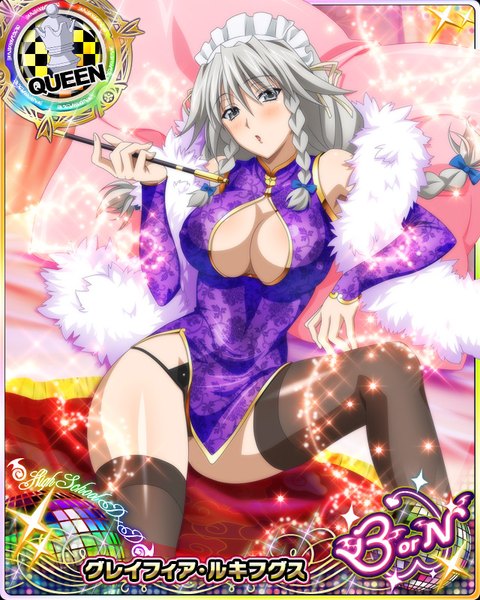 Anime picture 640x800 with highschool dxd grayfia lucifuge single long hair tall image looking at viewer blush breasts light erotic braid (braids) traditional clothes grey hair grey eyes pantyshot chinese clothes card (medium) girl thighhighs underwear panties