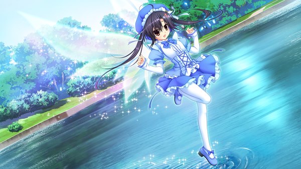 Anime picture 1280x720 with yume koi nanamori kurumi chikotam single long hair open mouth black hair smile wide image twintails brown eyes game cg fairy girl hair ornament wings water shoes