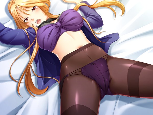 Anime picture 1024x768 with aiyoku mad saimin single long hair blush open mouth light erotic blonde hair brown eyes game cg lying girl navel underwear panties pantyhose lingerie bra